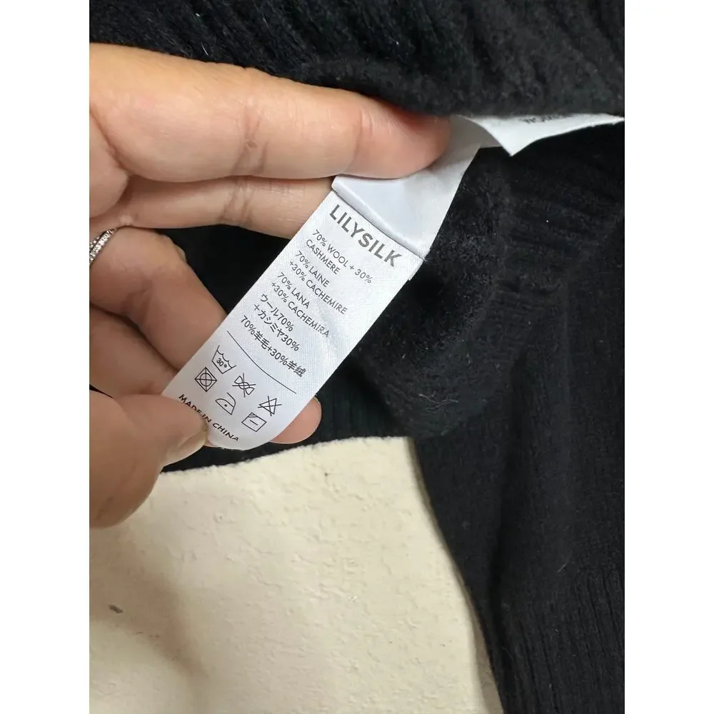 Lilysilk Ribbed Collar Hemline Wool Cashmere Sweater Black Cropped Mock Neck M